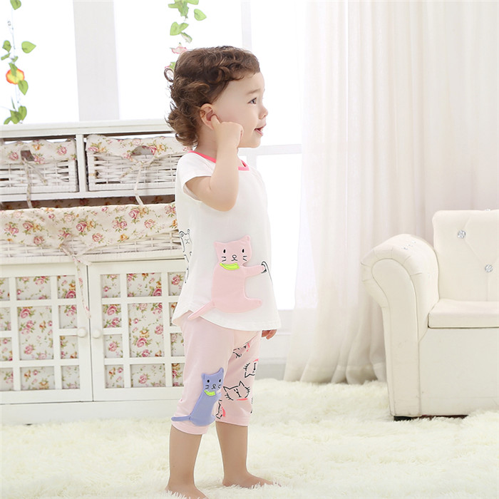 夏天儿童短袖套装女宝宝夏季衣服婴幼儿外出服一周岁0-1-2岁 粉色猫和