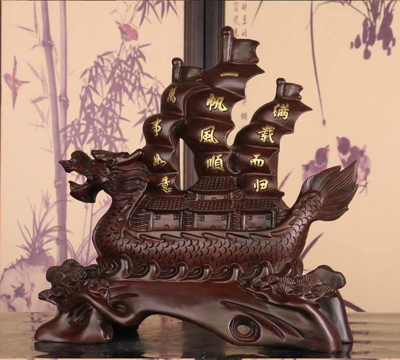 木之醉 黑檀木雕龙船摆件 一帆风顺 实木 龙舟 客厅 家居装饰开业