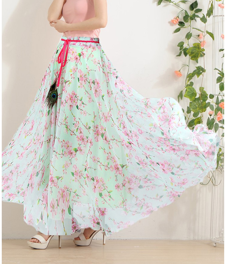 迪龙斯克2015夏季新款女装半身长裙松紧带印花大摆雪纺波西米亚连衣裙沙滩裙 彼岸花开 L
