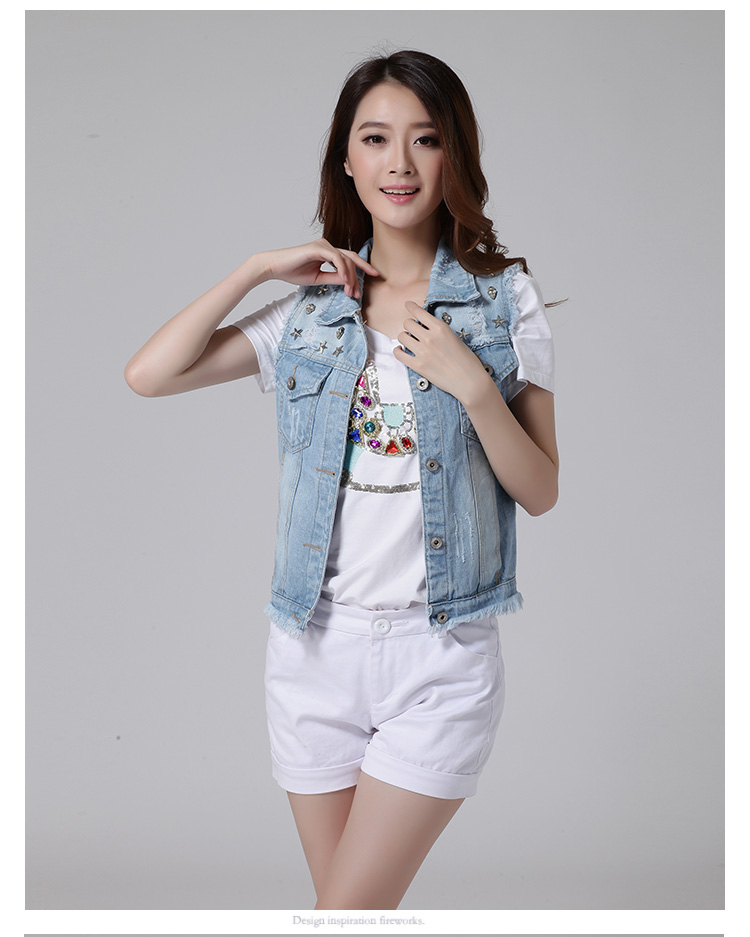 法瑟·蘭格2015新款修身手工钉珠浅色牛仔马甲女装牛仔马甲上衣外套 图片色 L