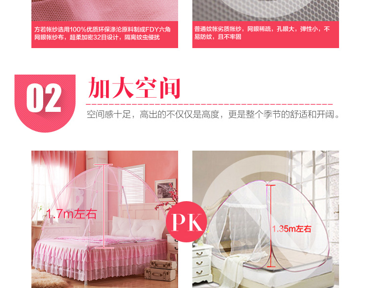 方若 夏凉床品 拉链圆顶有底蒙古包蚊帐1米2床1米5床1米8床 普通蒙古包粉色 180*200*145cm双开门