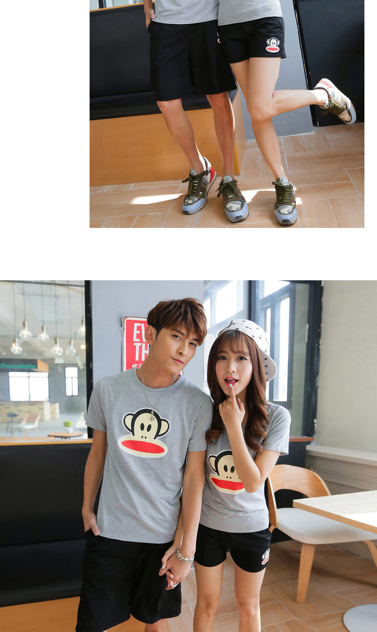 鸥梵珂2015夏装新款韩版情侣装大嘴猴情侣t恤沙滩短裤套装女 红衣 黑