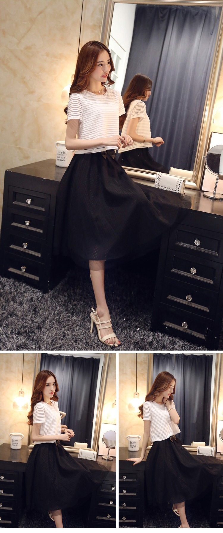 女两件套2015夏季新款韩版休闲百搭气质短袖中长款半身裙套装套裙 上