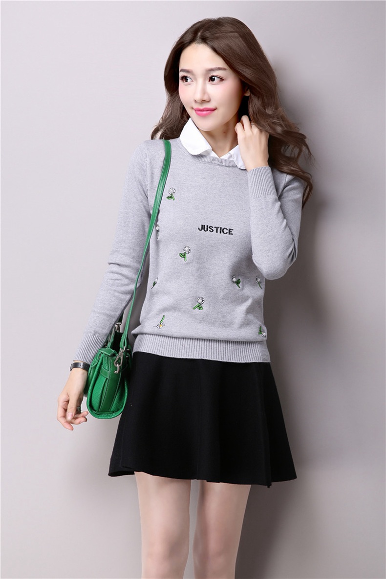 丝柏舍 2016春装新款女装 清新时尚纯色百搭印花套头针织衫s61w0047