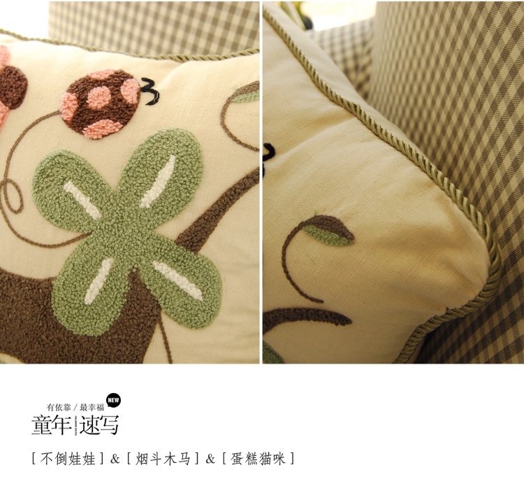 香芋谷色 可爱沙发靠垫套 美式乡村棉麻原创靠枕 鲁绣田园布艺抱枕 童年速写 米黄色棉麻木马 45x45cm+枕芯