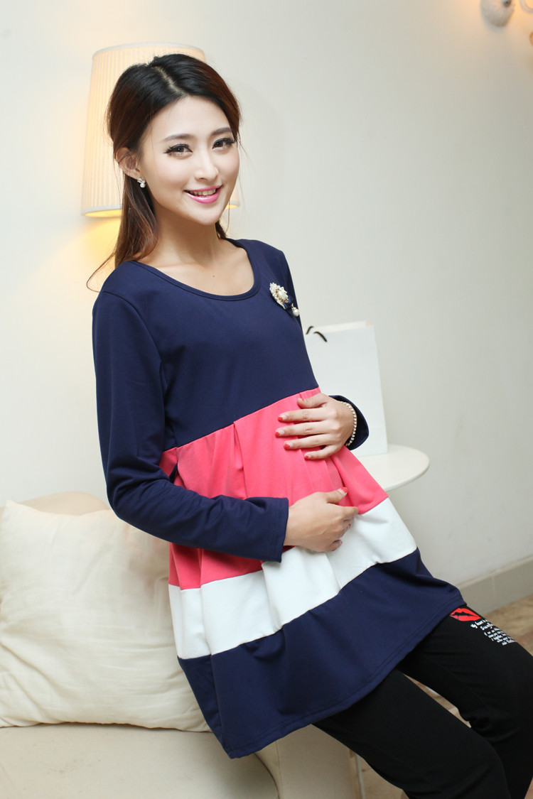 妈妈专区 孕妈装 涵尚宝 涵尚宝2015春装撞色中长款孕妇装孕妇连衣裙