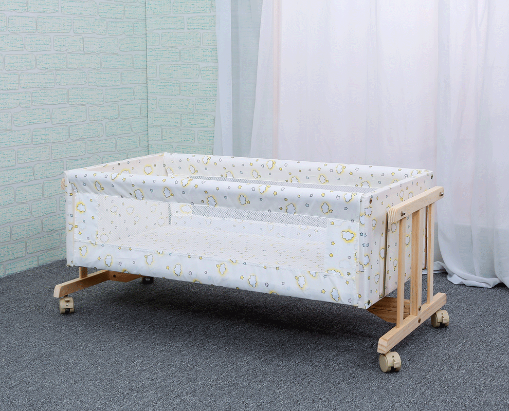 hugbb 环保实木婴儿床宝宝工字摇篮摇床无油漆童床带蚊帐带脚轮_ 7折