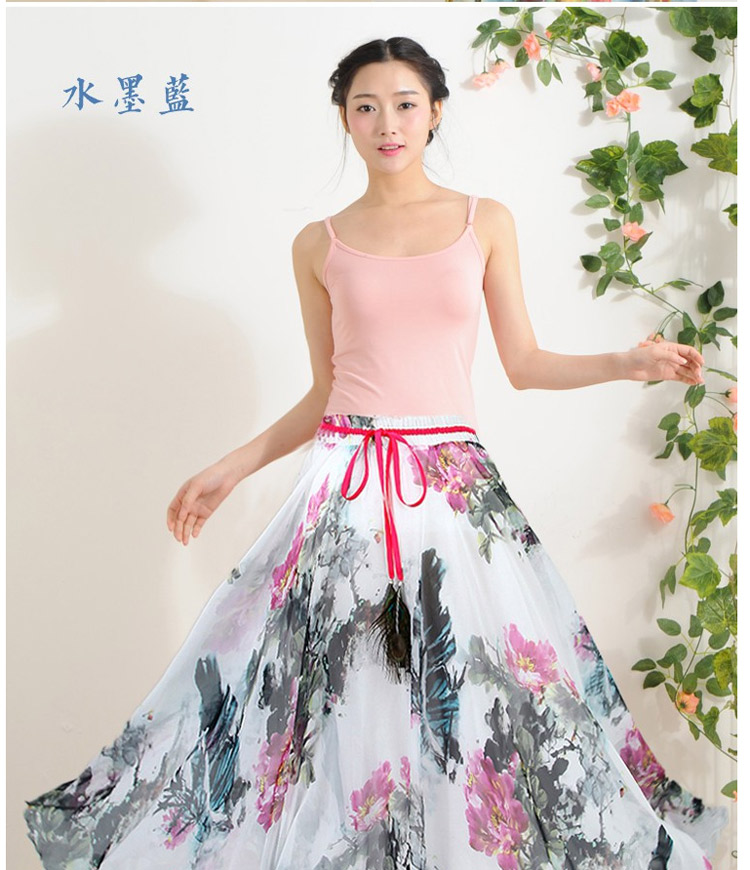 迪龙斯克2015夏季新款女装半身长裙松紧带印花大摆雪纺波西米亚连衣裙沙滩裙 彼岸花开 L