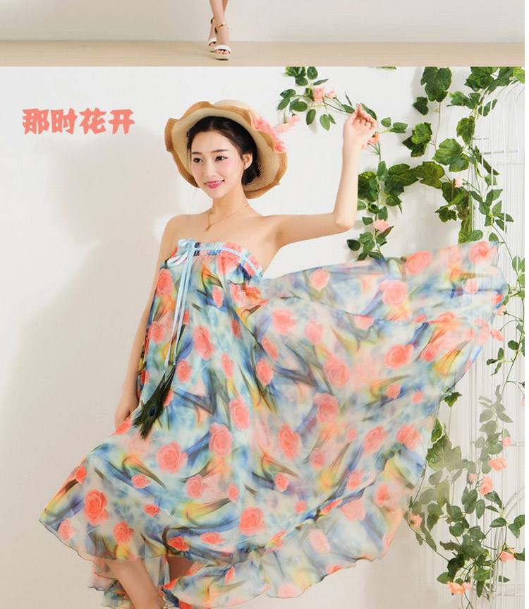迪龙斯克2015夏季新款女装半身长裙松紧带印花大摆雪纺波西米亚连衣裙沙滩裙 彼岸花开 L