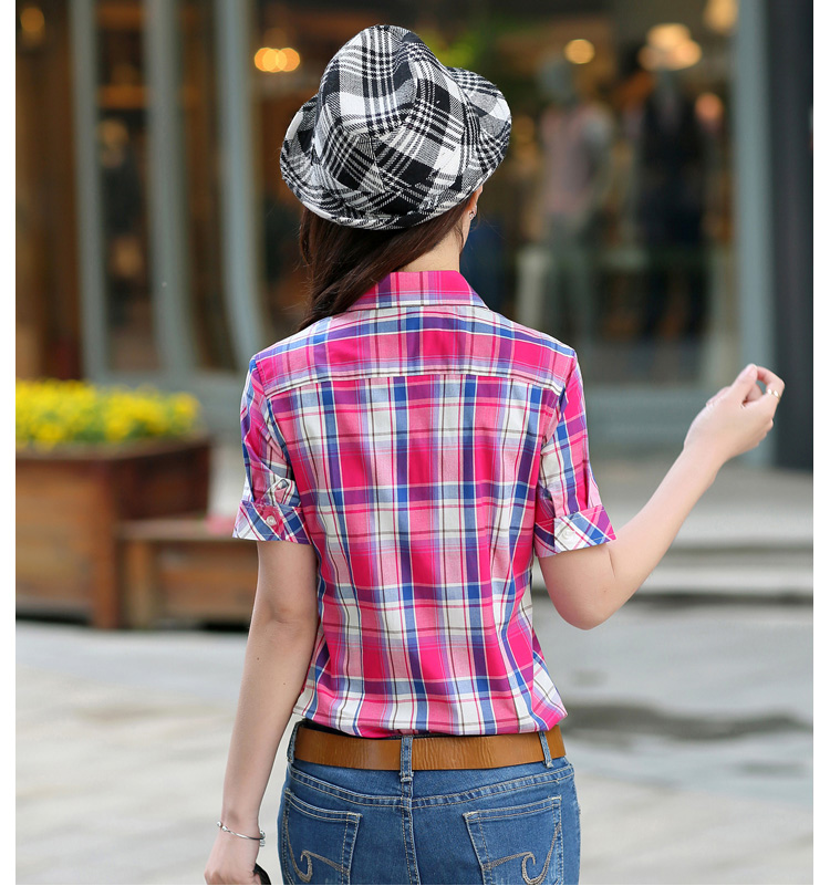 2015新款女装夏装短袖全纯棉格子大码百搭衬衫  20BS系列 2055BS XL