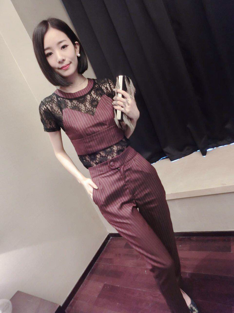 拾货2016夏款欧美风性感蕾丝镂空钩花拼接条纹上衣修身显瘦直筒裤两件套复古职场OL风套装 军绿色 L