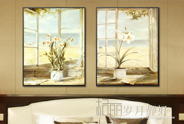 
                                        格丽 田园风景家居客厅装饰画欧式餐厅玄关油画卧室挂画竖壁画 门窗景有框画 两联静物窗前瓶花 单幅B款 80*100cm                