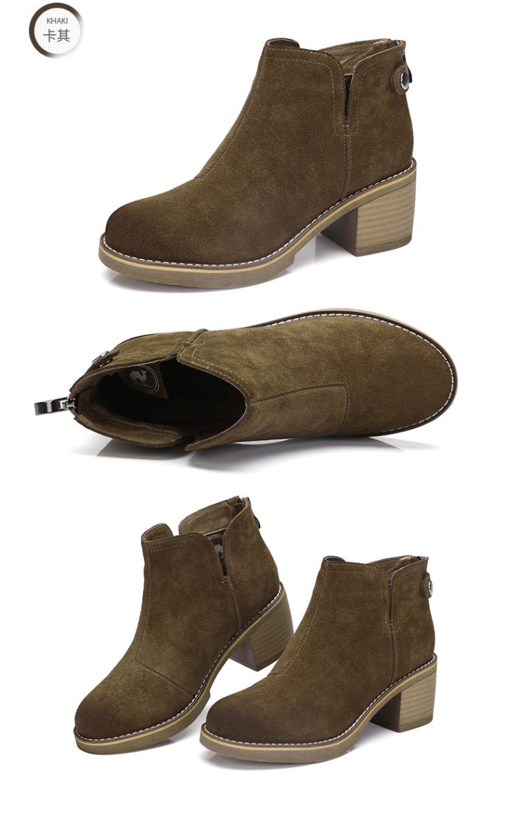 骆驼牌女鞋 冬季 保暖短毛绒优雅短筒女靴子英伦粗跟女鞋 黑色 40