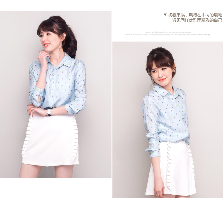 欧丝璐 桑蚕丝韩版甜美印花图案衬衫71180 浅天蓝 XL