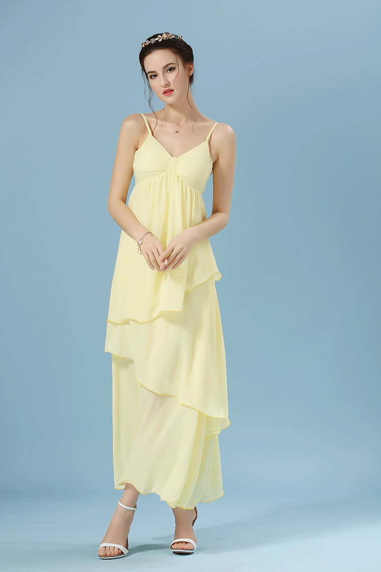 伊纤雅 2015新款雪纺裙吊带性感长裙宽松连衣裙女装3055b 浅黄色 xl