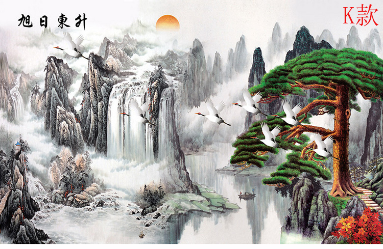 六纹鱼 中式3d立体影视墙壁画水墨山水风景国画壁布客厅沙发电视背景