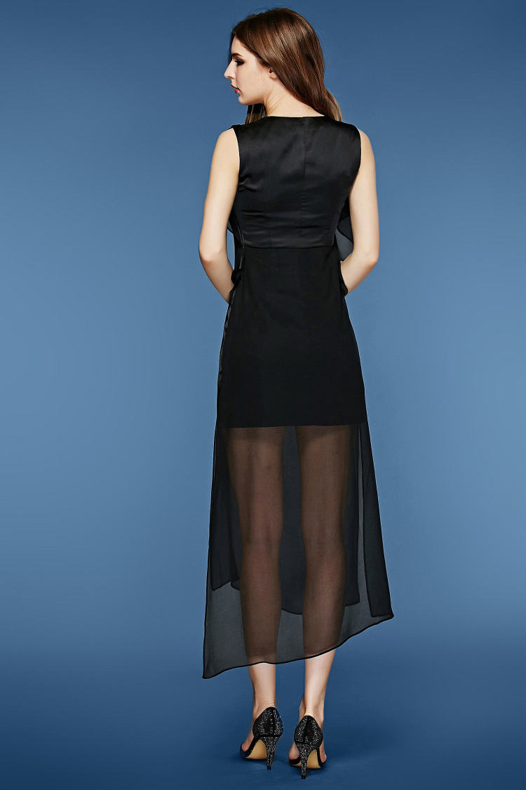 伊莲娜2015春夏新品雪纺连衣裙女士无袖开叉长裙夏秋季修身显瘦中长款