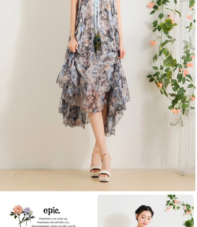 迪龙斯克2015夏季新款女装半身长裙松紧带印花大摆雪纺波西米亚连衣裙沙滩裙 彼岸花开 L
