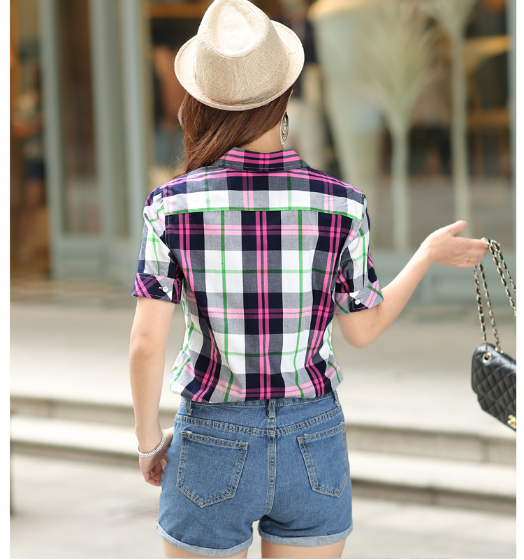 2015新款女装夏装短袖全纯棉格子大码百搭衬衫  20BS系列 2055BS XL
