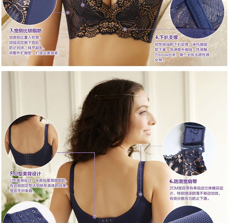 纤慕大码薄款收副乳无钢圈聚拢调整型文胸纯棉流行蕾丝刺绣内衣套装 万紫千红 75B