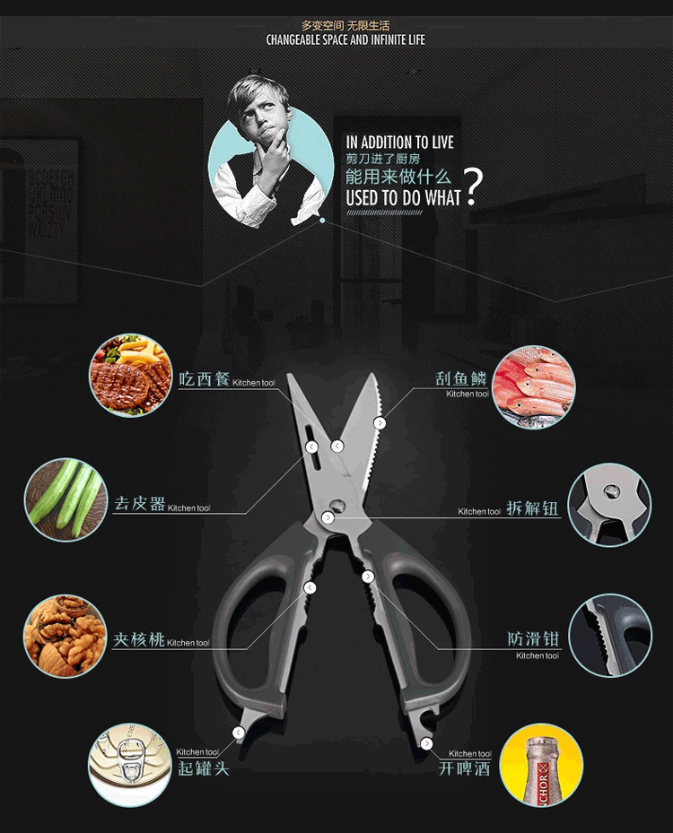 世厨名门厨房剪刀德国进口不锈钢剪刀厨用鸡骨剪多功能可拆分使用 黑色