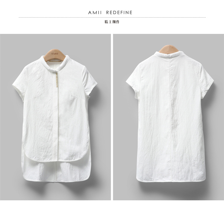 AMIIREDEFINE2015秋新品立领绣花前短后长纯棉大码衬衫女61570860 砖红 XL