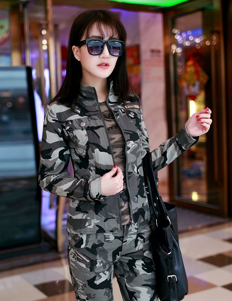 迷彩服外套女春秋季军绿水兵舞军装户外弹力修身外套 军绿外套 3xl