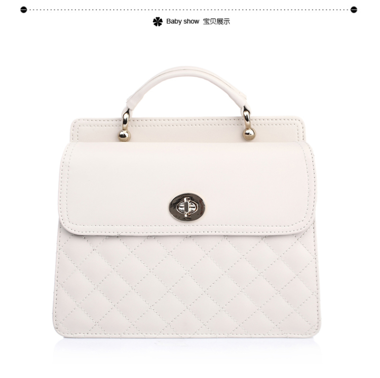 belle/百丽2015年春季黑色pu革车菱格多层手提单肩女包11052ax5 米白