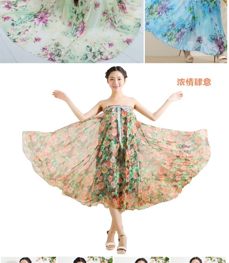 迪龙斯克2015夏季新款女装半身长裙松紧带印花大摆雪纺波西米亚连衣裙沙滩裙 彼岸花开 L