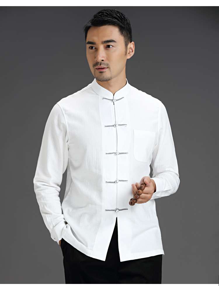 唐装男中老年中式立领盘扣长袖衬衫中国风秋季棉上衣休闲打底衫白色xl