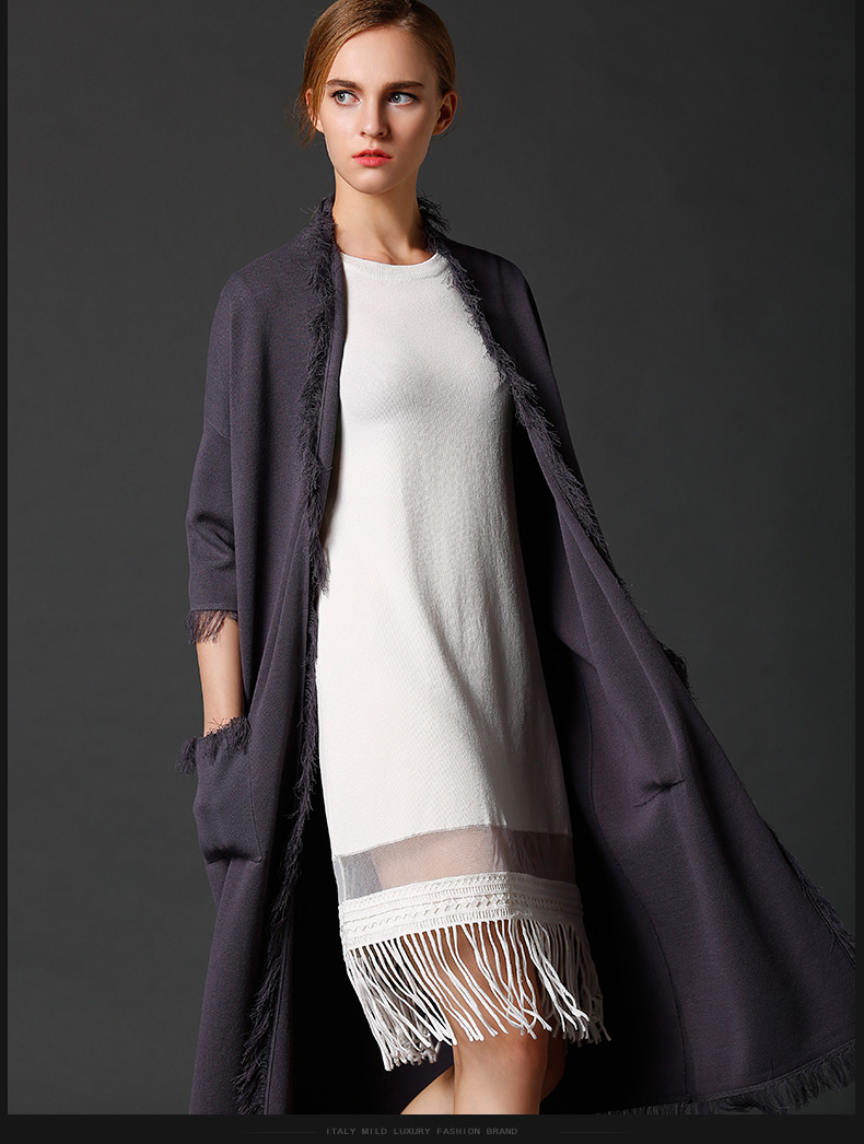 瑞比卡秋冬新款女装针织衫外套开衫中长款外搭流苏毛衣外套女 灰色 s