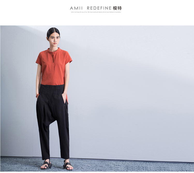 AMIIREDEFINE2015秋新品立领绣花前短后长纯棉大码衬衫女61570860 砖红 XL