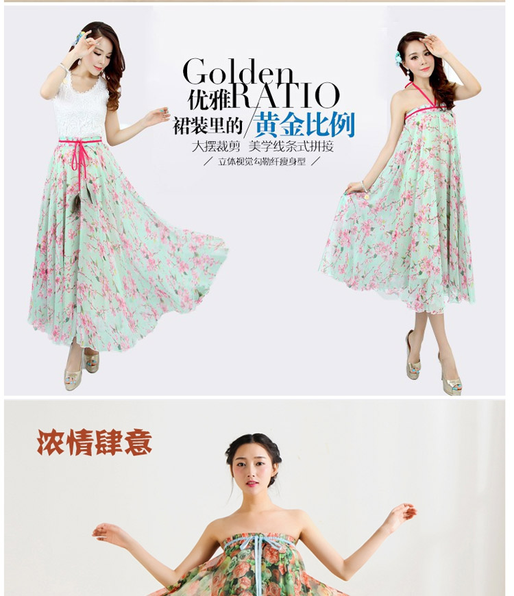 迪龙斯克2015夏季新款女装半身长裙松紧带印花大摆雪纺波西米亚连衣裙沙滩裙 彼岸花开 L