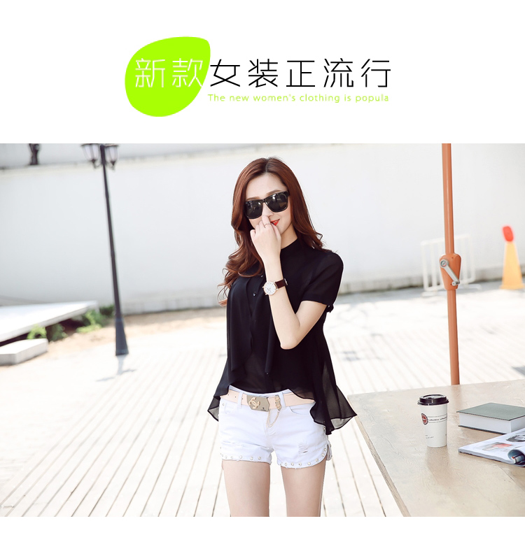 时尚承诺 2016秋夏款季新韩版女装百搭短袖衬衫不规则长袖雪纺衫女 波点 L