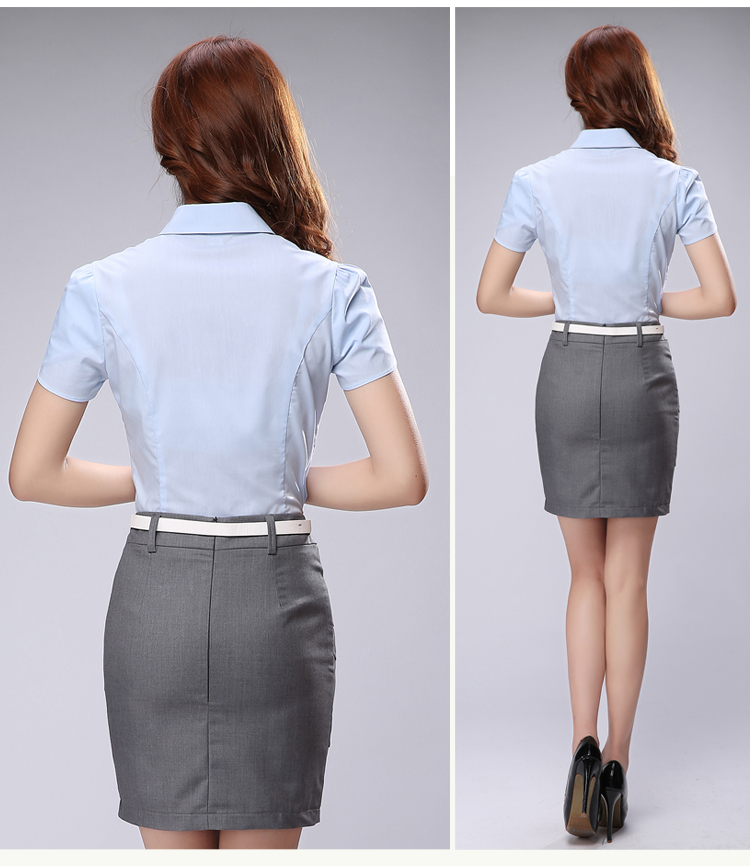 TLZC2015夏装新款韩版职业装衬衫女装短袖工作服套装女1507 银灰+黑裙+丝巾 L
