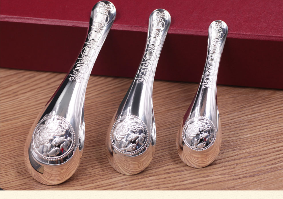 永华禧宝足银999银勺 银餐具牡丹花勺 宝宝汤勺 银调羹勺 17克_ 4折现