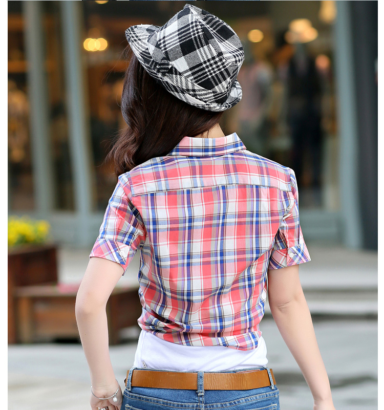 2015新款女装夏装短袖全纯棉格子大码百搭衬衫  20BS系列 2055BS XL