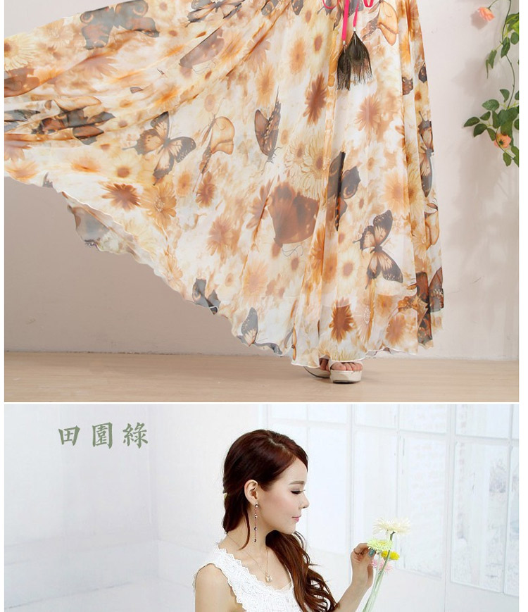 迪龙斯克2015夏季新款女装半身长裙松紧带印花大摆雪纺波西米亚连衣裙沙滩裙 彼岸花开 L