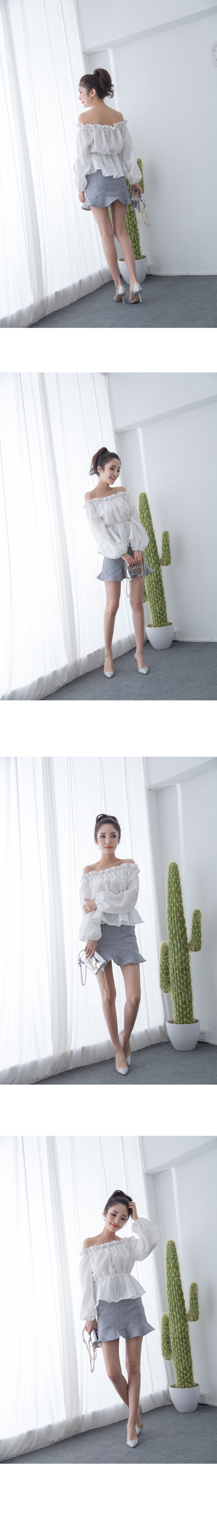 尚族依品2015夏新款甜美格子一字领露肩衬衫收腰显瘦小上衣 白色 S