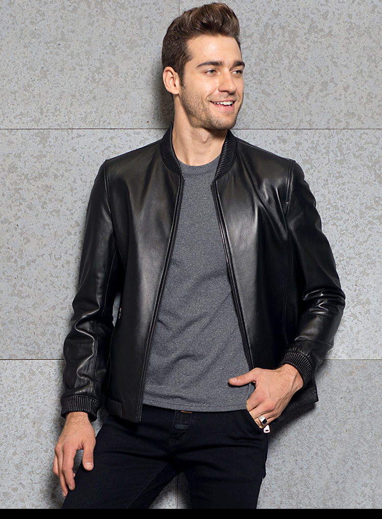 伯莎丹顿品牌真皮皮衣夹克棒球服男士修身绵羊皮立领机车外套 黑色 xl