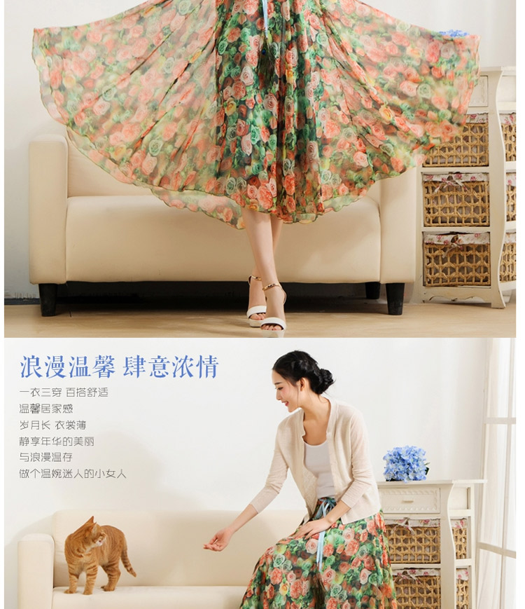 迪龙斯克2015夏季新款女装半身长裙松紧带印花大摆雪纺波西米亚连衣裙沙滩裙 彼岸花开 L