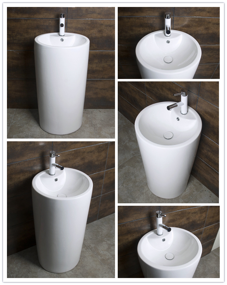 泽玉洁 卫浴多款圆柱形陶瓷阳台厕所中型洗手盆 一体成型连体立柱盆