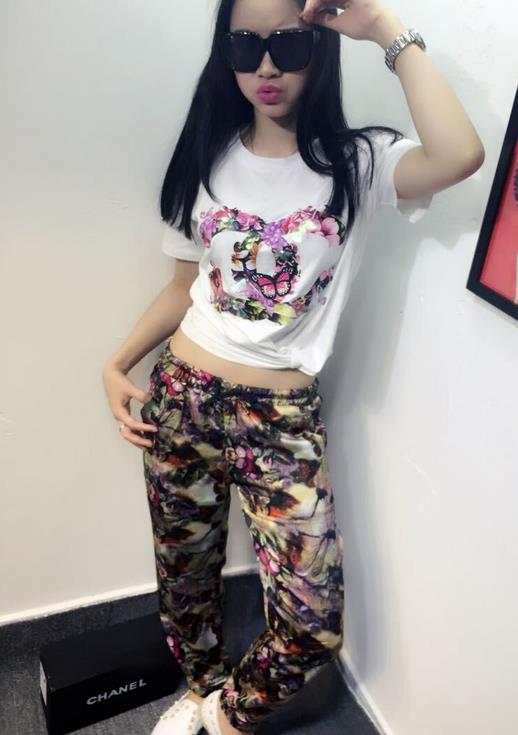卡君妮2015欧洲站夏装新款t恤休闲花裤套装女夏哈伦裤两件套潮 图片色