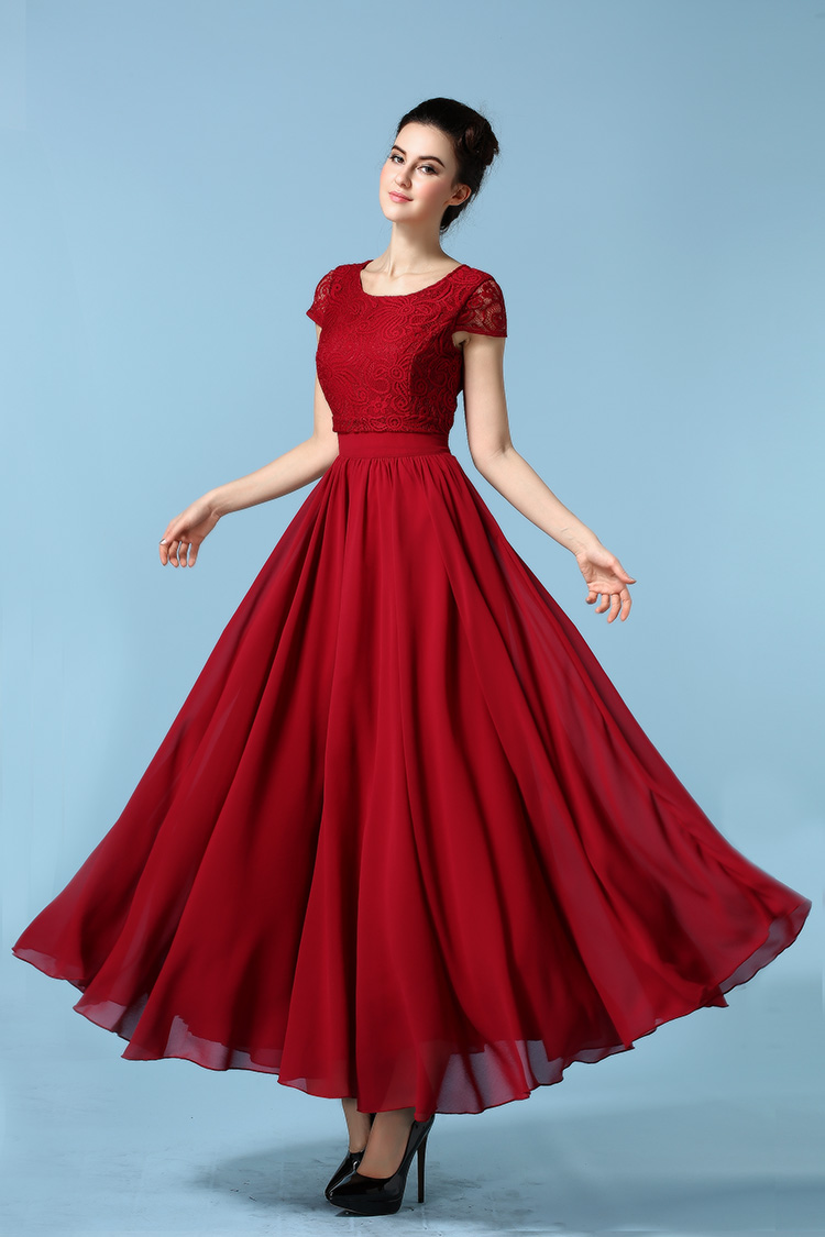 2015新款蕾丝大摆修身半袖长裙连衣裙 红色 xl