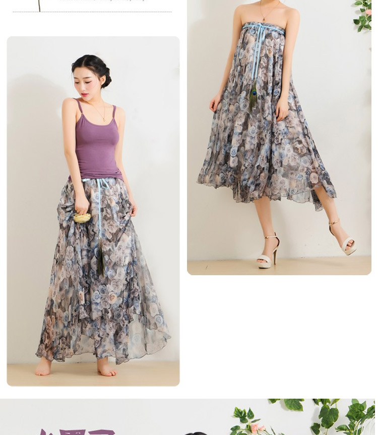 迪龙斯克2015夏季新款女装半身长裙松紧带印花大摆雪纺波西米亚连衣裙沙滩裙 彼岸花开 L