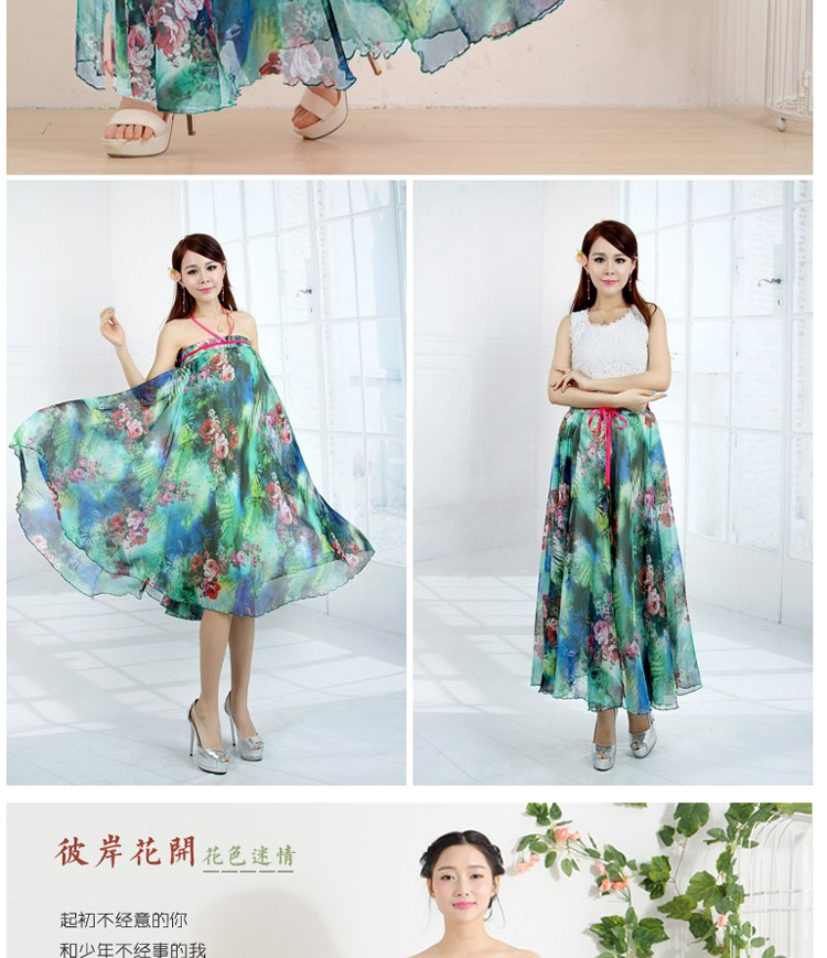 迪龙斯克2015夏季新款女装半身长裙松紧带印花大摆雪纺波西米亚连衣裙沙滩裙 彼岸花开 L