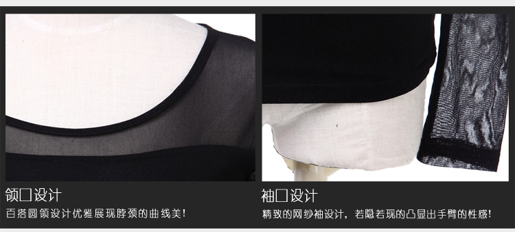 茹森蔓  2016秋季女款t恤性感蕾丝网纱圆领打底衫糖果色长袖低领薄款纱衣  638 黑色 L
