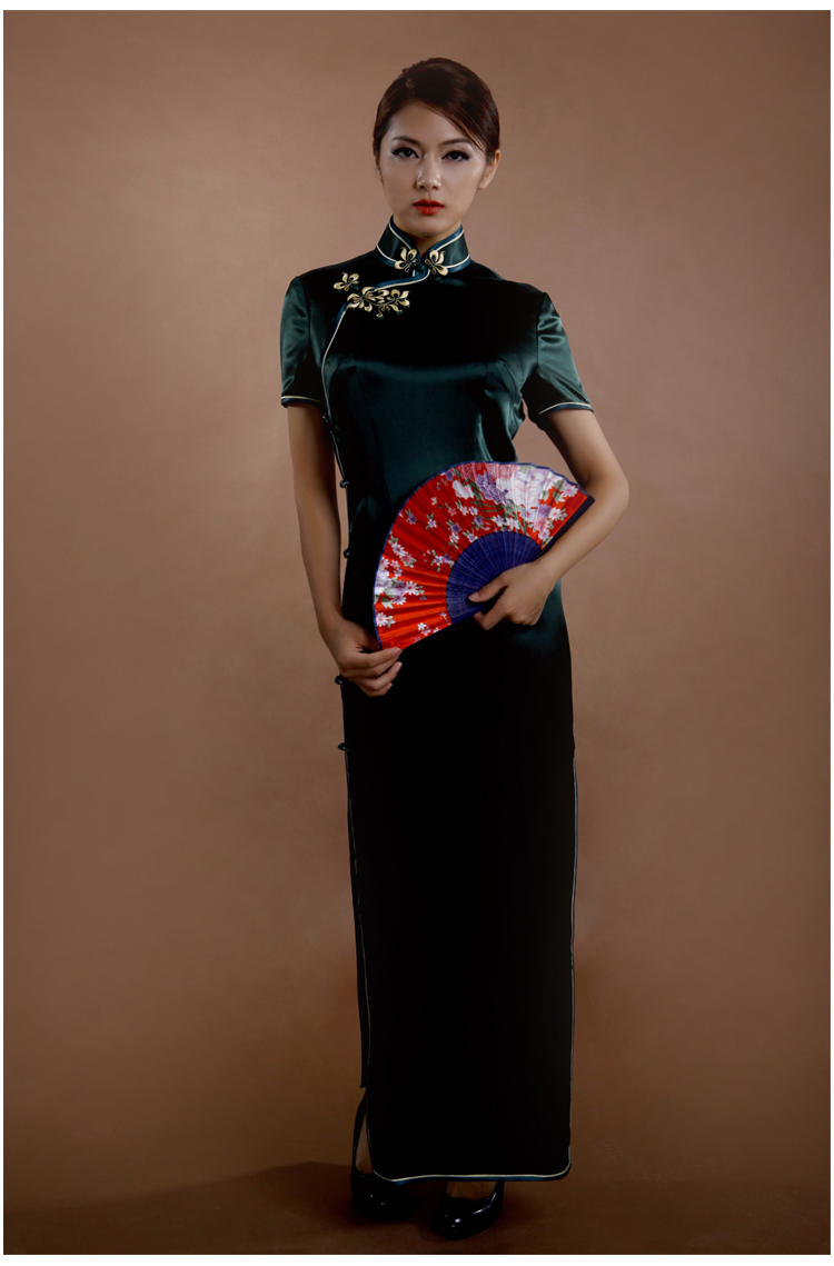 逸福墨绿纯色重磅亮面厚缎旗袍长款修身型复古风明星同款订做上海宴会