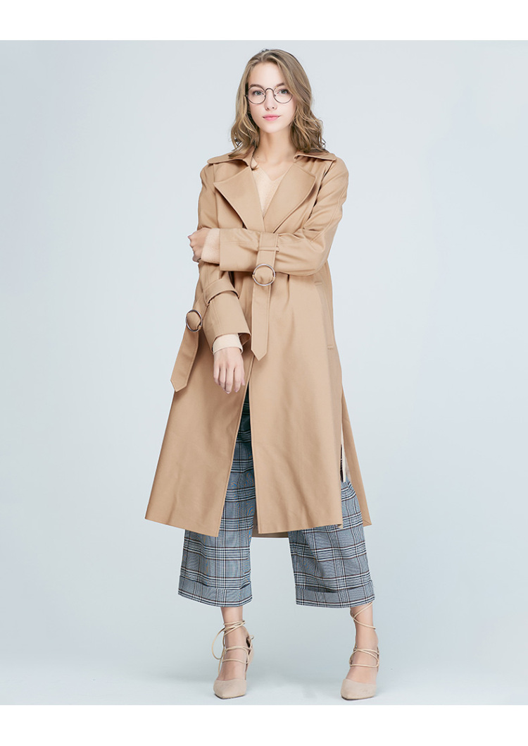 lagogo2017秋冬新款简约翻领收腰风衣女浅驼色宽松中长款休闲外套gcff