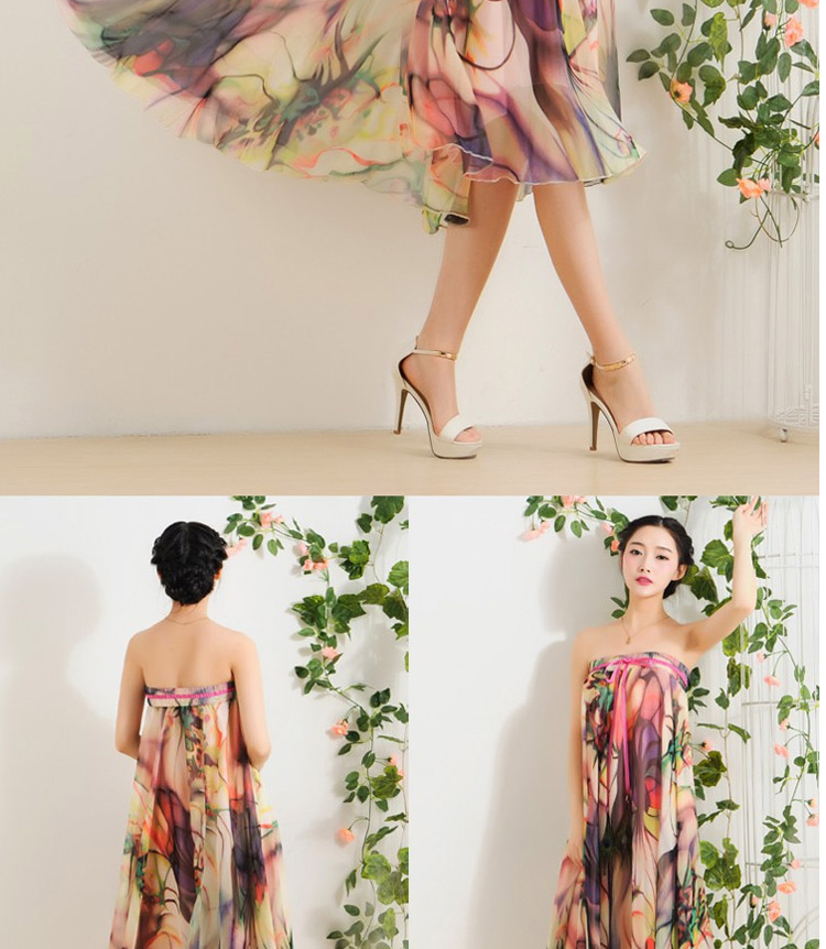 迪龙斯克2015夏季新款女装半身长裙松紧带印花大摆雪纺波西米亚连衣裙沙滩裙 彼岸花开 L